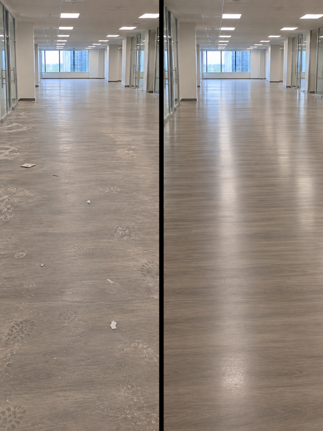Escritório antes e depois da limpeza pós obra: piso com resíduos e marcas de sapato à esquerda, piso limpo à direita
