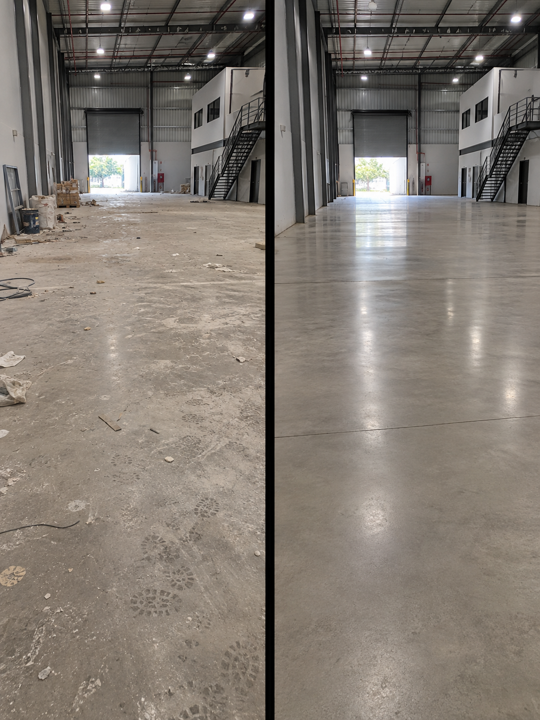 Galpão antes e depois da limpeza pós obra: piso com entulho e pegadas à esquerda, piso limpo e brilhante à direita