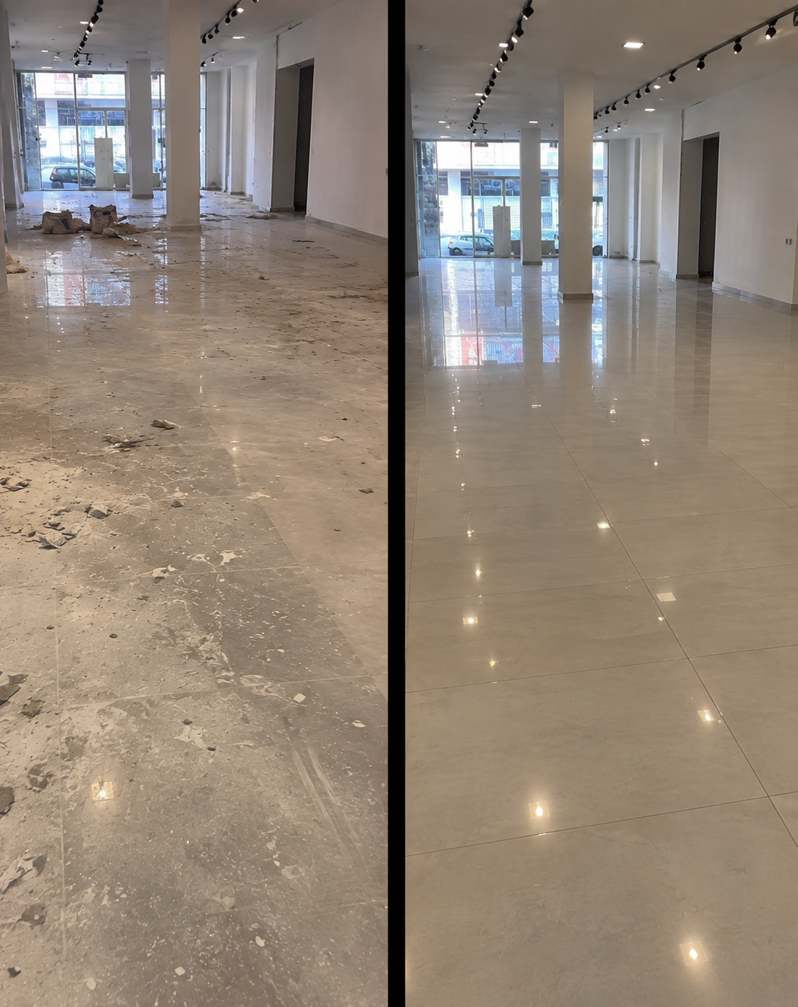 Loja antes e depois da limpeza pós obra: porcelanato com restos de cimento à esquerda, porcelanato limpo e brilhante à direita